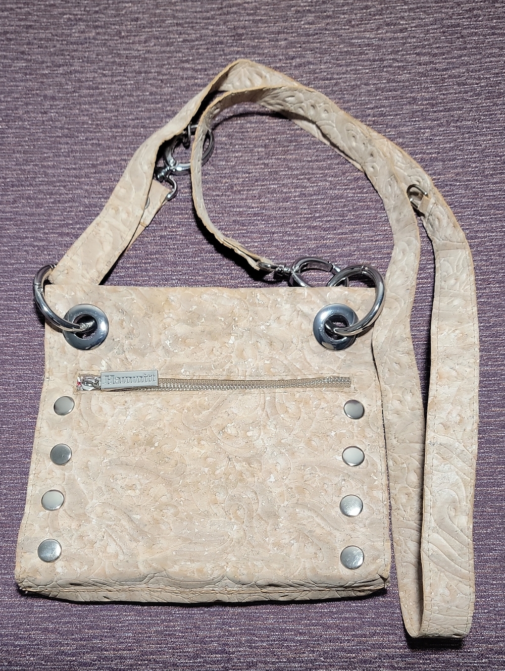 Hammitt Los Angeles Beige Embossed Crossbody Bag with Silver Hardware